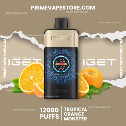 Center image of a black-and-gold vape mod with orange slices on a tan background; visible text advertises 12000 puffs and tropical orange flavor.