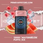 Pink Vape Mod Centered on a Pink Background with Watermelon Chunks and Splashy White Text Advertising 12000 Puffs and Watermelon Ice Flavor - Australia E-cigarette Store