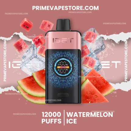 Pink vape mod centered on a pink background with watermelon chunks and splashy white text, advertising 12000 puffs and watermelon ice flavor.