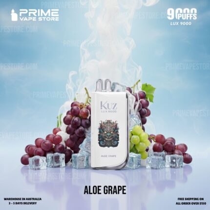 White KUZ Lux 9000 vape device centered among grapes and ice, flavor Aloe Grape, with subtle steam in a blue background.