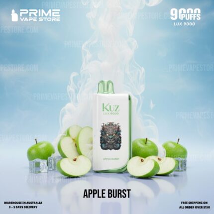 White and Green Kuz Lux 9000 Apple Burst Disposable Vape Device Surrounded by Green Apples and Ice Cubes with Vapor on a Blue Background - Australia E-cigarette Store