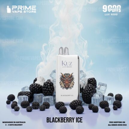 Kuz Lux 9000 Vape Device Labeled Blackberry Ice Centered Among Blackberries and Ice Cubes on a Light Blue Background Prime Vape Store Branding - Australia E-cigarette Store