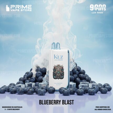 Promotional image of a white KUZ Lux 9000 vape device among blueberries and ice against a blue sky, flavor Blueberry Blast.