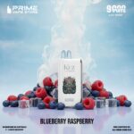 Kuz Lux 9000 Vape Device Labeled Blueberry Raspberry Surrounded by Ice Blueberries and Raspberries on a Blue Background with Prime Vape Store Branding - Australia E-cigarette Store