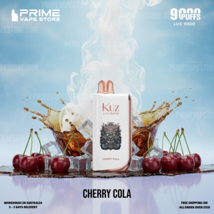 Vape device labeled Kuz Lux 9000 Cherry Cola, set against a blue background with cherries and splash imagery for a flavor ad.