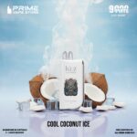 Kuz Lux 9000 Vape Pod with Cool Coconut Ice Flavor Surrounded by Coconuts Ice Cubes and Wispy Steam Against a Blue Background - Australia E-cigarette Store