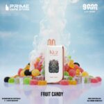 Vape Device Labeled kuz Lux 9000 Centered Among Colorful Fruit Candies and Ice Cubes on a Light Blue Background - Australia E-cigarette Store