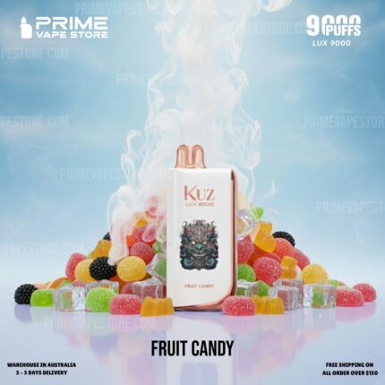 Vape device labeled 'Kuz Lux 9000' centered among colorful fruit candies and ice cubes, on a light blue background.