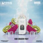 White Vape Device Labeled Kuz Lux 8000 Stands Among Ice Cubes and Sliced Kiwi and Dragon Fruit with Rising Vapor - Australia E-cigarette Store