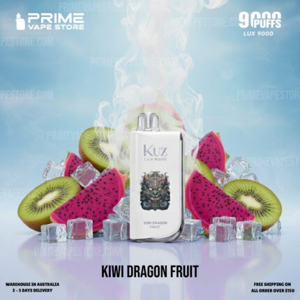 White vape device labeled Kuz Lux 8000 stands among ice cubes and sliced kiwi and dragon fruit with rising vapor.