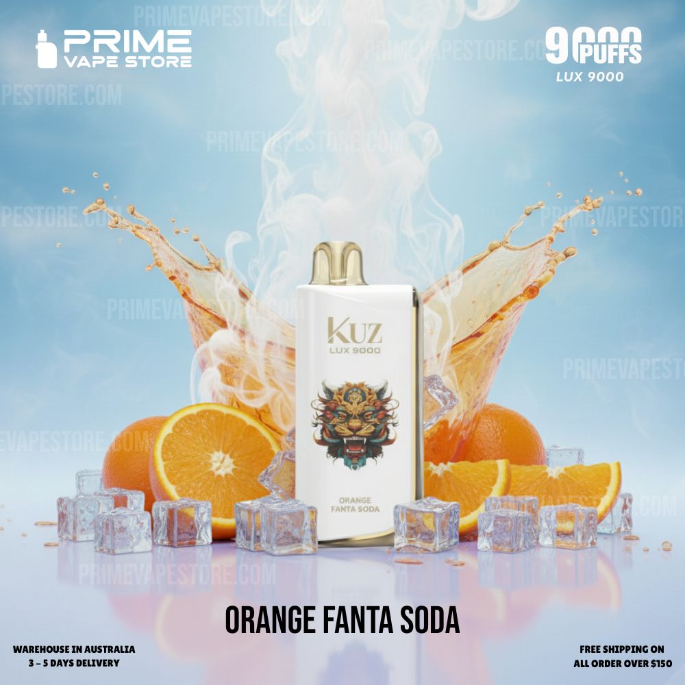 Kuz-lux-9000-puffs-orange-fanta-soda-3jpg - Australia E-cigarette Store Advertisement for Kuz Lux 9000 Orange Fanta Soda White Bottle with a Dragon Crest Surrounded by Ice Cubes and Orange Slices Against a Blue Background - Australia E-cigarette Store