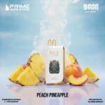 White Kuz Lux 9000 Vape Device Surrounded by Pineapple Chunks Pineapple Slices and Peach Slices on a Reflective Surface with Ice Flavor Peach Pineapple - Australia E-cigarette Store