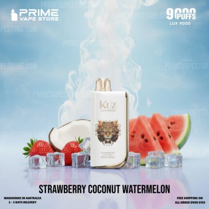 White KUZ Lux 9000 vape centered with strawberry, coconut, and watermelon slices and ice cubes on a blue background; flavor Strawberry Coconut Watermelon.