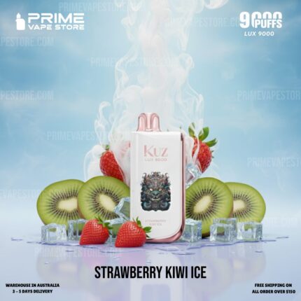 Vape Device Centered with Pink Top Labeled Kuz Lux 9000 Surrounded by Strawberries Kiwis and Ice for Strawberry Kiwi Ice Flavor - Australia E-cigarette Store
