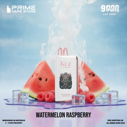 Kuz Lux 9000 Watermelon Raspberry Vape Device Centered Among Watermelon Slices Raspberries and Ice on a Glossy Surface with a Blue Background - Australia E-cigarette Store