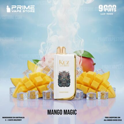 Kuz Mango Magic Vape Mod Upright Among Mango Chunks and Ice Cubes with Prime Vape Store Branding on a Blue Sky Background informative Product Shot - Australia E-cigarette Store