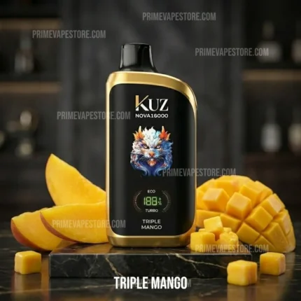 KUZ Nova16000 Triple Mango vape juice bottle with gold trim, displayed beside mango chunks on a marble surface.