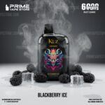 Kuz C6000 Blackberry Ice Vape Bottle with Vibrant Demon Artwork Surrounded by Ice and Blackberries Prime Vape Store Branding - Australia E-cigarette Store