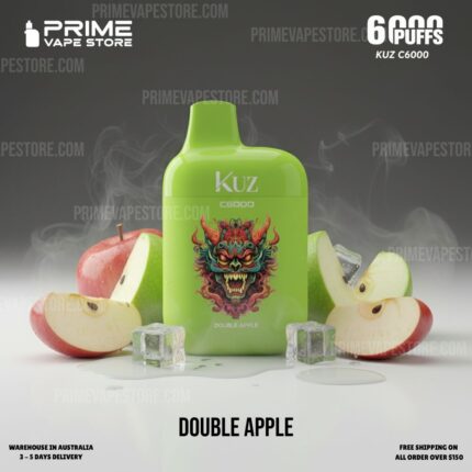 Bright green Kuz C6000 vape bottle labeled 'Double Apple' surrounded by sliced apples and ice cubes with a smoky backdrop.