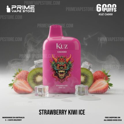 Pink Kuz C6000 Vape Juice Bottle Labeled Strawberry Kiwi Ice Surrounded by Strawberries Kiwis and Ice Cubes on a Gray Backdrop - Australia E-cigarette Store