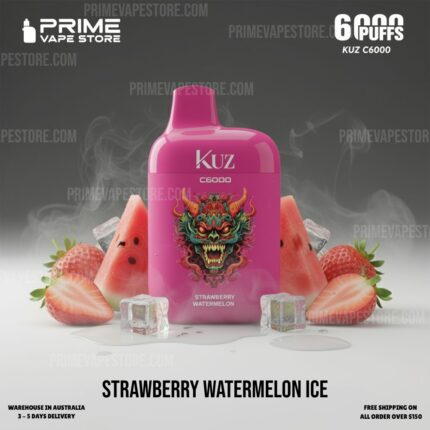 Pink Kuz C6000 Vape Juice Bottle Labeled strawberry Watermelon Ice Surrounded by Strawberry and Watermelon Slices with Ice Cubes - Australia E-cigarette Store