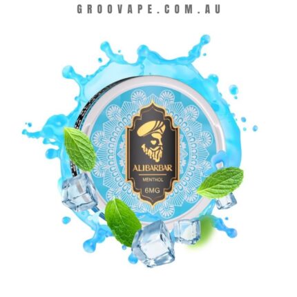 Tin of Alibarbar Menthol 6MG with a blue mandala design, surrounded by mint leaves and ice cubes.