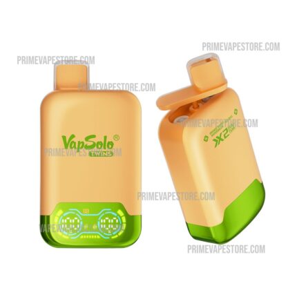 Two Orange Vapsolo Twins Vape Devices Shown from Front and Angled Side Orange Body with Bright Green Bottom and Logo with a Visible Mouthpiece at Top - Australia E-cigarette Store