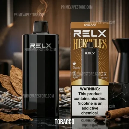 Black RELX vaping device beside a Hercules tobacco box on a dark countertop with a nicotine warning visible on the packaging.