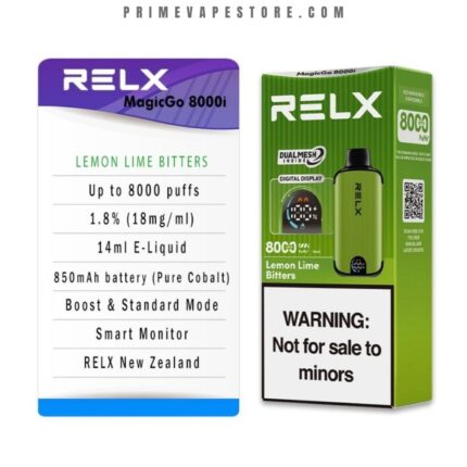 RELX vape packaging: left white card with 'Lemon Lime Bitters' info—up to 8000 puffs, 1.8% nicotine, 14ml E-Liquid; right green box showing RELX device and 'Not for sale to minors' warning.