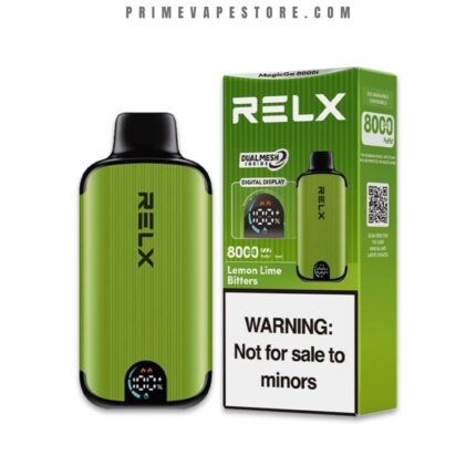 Green RELX vaping device with black mouthpiece beside its bright green packaging, showing a 'Not for sale to minors' warning on the box.