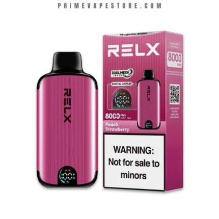 Pink RELX vape pod device beside its pink packaging, featuring a black mouthpiece and 'Not for sale to minors' warning on the box.