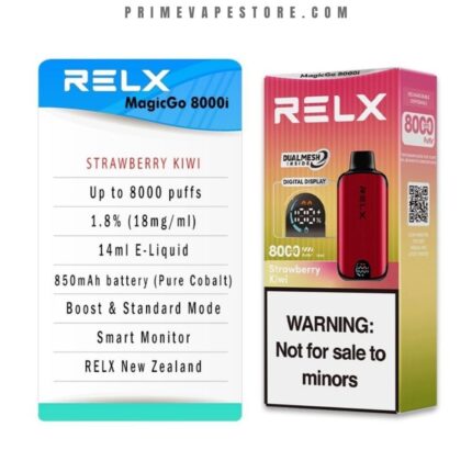 RELX vape packaging: left blue/white flavor card with STRAWBERRY KIWI and puff specs; right pink box with red device and 'Not for sale to minors' warning.
