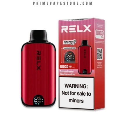 RELX red vape pod device next to pink flavor box labeled Strawberry Watermelon, showing a digital display and a 'Not for sale to minors' warning.