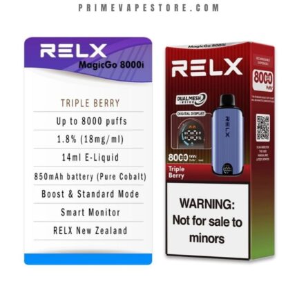RELX MagicGo 8000i packaging displaying Triple Berry flavor and up to 8000 puffs beside a red RELX box with a minor-age warning.