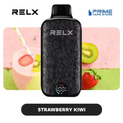 RELX vape device centered, with strawberry-kiwi background and flavor label 'Strawberry Kiwi'
