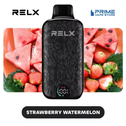Relx Vape Device with a Black Textured Body Surrounded by Strawberries and Watermelon Slices Flavor Strawberry Watermelon - Australia E-cigarette Store