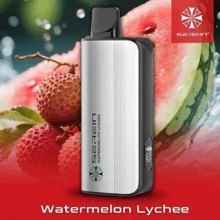 Silver and Black Vape Device Labeled Watermelon Lychee Shown Against a Close-up of Watermelon and Lychee Fruit - Australia E-cigarette Store