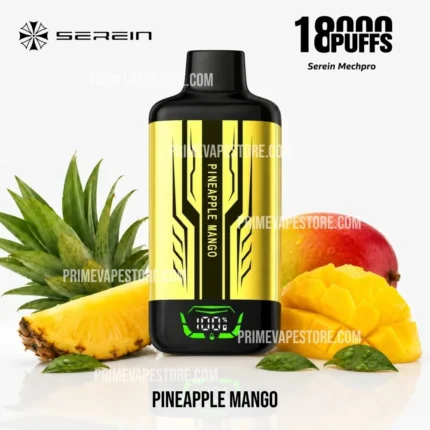 Gold and Black Vape Bottle Labeled Pineapple Mango Surrounded by Pineapple and Mango Fruitsbrand Name at Top and 18000 Puffs Text Visible - Australia E-cigarette Store