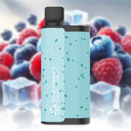 Mint teal vape device with a black top, covered in a dotted pattern, standing upright against a blurred berry background.