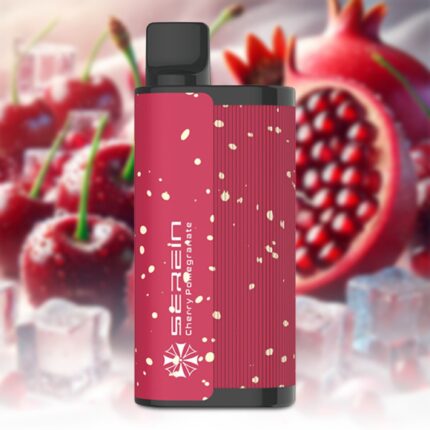 Pink perfume bottle with a black cap and white speckled label, set against a blurred fruity festive background.