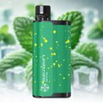 Close-up of a Green Cylindrical Bottle with a Black Cap and Yellow Paint-splatter Pattern Blurred Leafy Background - Australia E-cigarette Store