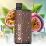 Close-up of a Brown Speckled Perfume Bottle with a Black Cap Set Against a Blurred Passion Fruit and Dragon Fruit Background - Australia E-cigarette Store