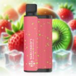 Pink Perfume Bottle with a Black Cap and Lime-green Paint Splatters Set Against a Blurred Fruit Background - Australia E-cigarette Store