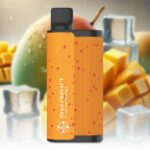 Orange Cylindrical Bottle with a Black Cap and Striped Speckled Orange Label in Sharp Focus Against a Blurred Kitchen Backdrop - Australia E-cigarette Store