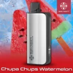 Vape Device Mod with a Silver Ribbed Body Black Top and Side Display Flavor Label chupa Chups Watermelon Shown Against a Watermelon-popsicle Background - Australia E-cigarette Store