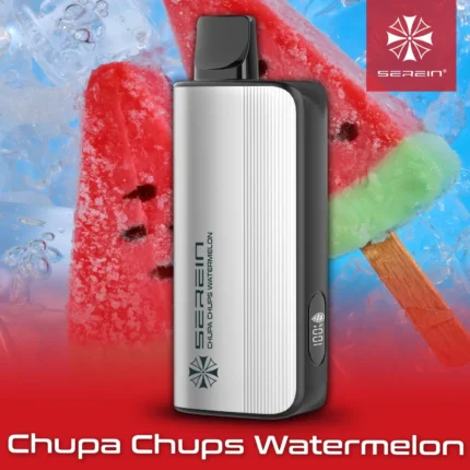 Vape device mod with a silver ribbed body, black top, and side display; flavor label 'Chupa Chups Watermelon' shown against a watermelon-popsicle background.