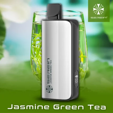 Portable Serein Jasmine Green Tea device with a black cap, displayed against a green background and glass of tea; brand logo in corner.