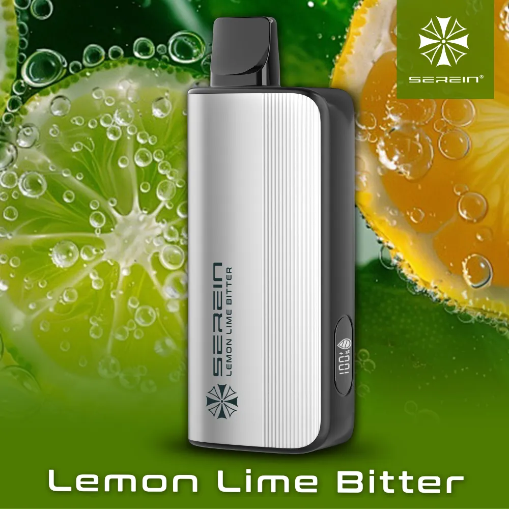 Serein-mech-12000-puffs-lemon-lime-bitterwebp - Australia E-cigarette Store Serein Lemon Lime Bitter Vape Device with Silver Body and Black Trim Digital Display on the Side Citrus Background and Logo - Australia E-cigarette Store