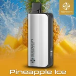 Serein Pineapple Ice Vape Device Standing Upright Against a Pineapple and Icy Splash Background Features a Silver Body with a Black Top and a Small Display on the Side the Label Pineapple Ice Visible at the Bottom - Australia E-cigarette Store