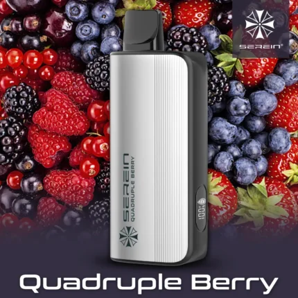 Vape device labeled Quad Berry against a berry-filled background with the Serein logo nearby.